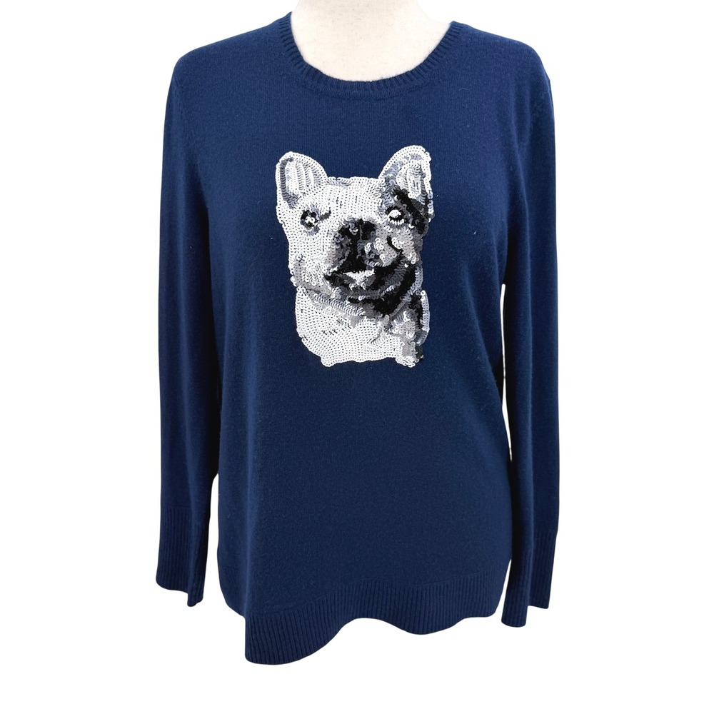 Lark & Ro Blue French Bulldog Sequin‎ 100% Cashmere Pullover Blue Crew Neck L